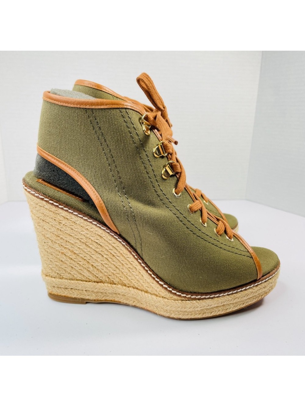 Tory Burch Olive Canvas Lace-Up Wedge Espadrille Bootie Size10B Gently Used